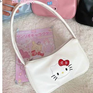 Sanrio Hello Kitty PVC Leather Shoulder Bag Rectangle Vintage White & Red Detail